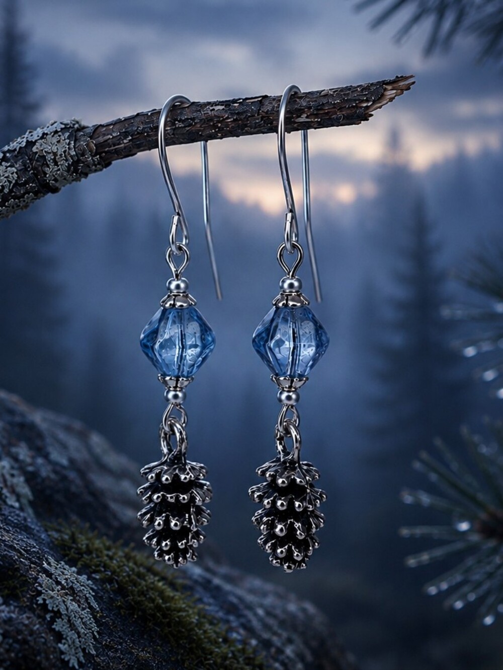 Blue Glass Pinecone Earrings Antiqued Silver Woodland Hand Crafted
